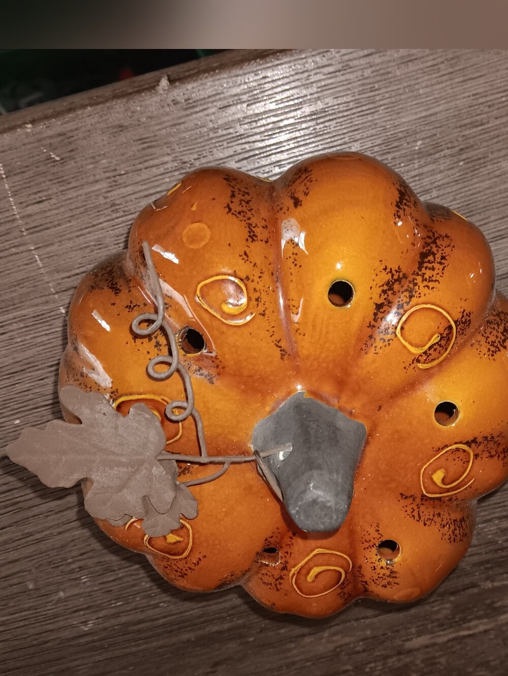 Orange Ceramic Pumpkin Accent with Gray Stem